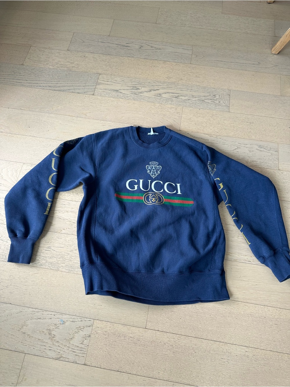 Gucci Navy Crewneck Sweater with Signature Green-Red-Green Stripe